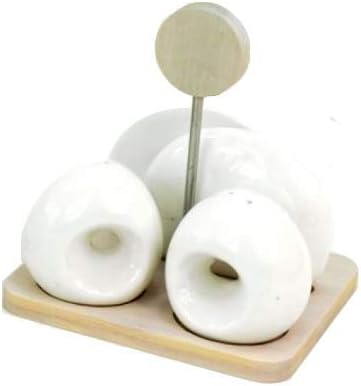 Homies International Set of 4 Piece Bamboo Tray with Metal Rod and Wooden Pot Holder, Napkin/Tissue Paper Holder and Salt/Pepper Holder in White Modern Design Ceramics. Wedding, Anniversary Gifts