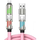 klismas00 240W 4-in-1 USB Charging Cable, 6.6ft, LED Light Indicators, Fast Charge Compatible, USB-A/Type-C Connectors (Pink)