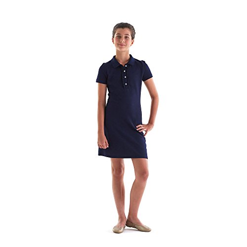 French Toast Girls' Big Short Sleeve Ruffle Placket Polo Dress, Navy, L (10/12)