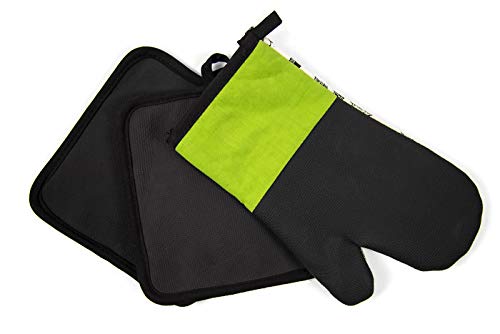 Lobyn Value Packs Cotton and Neoprene Oven Mitt and Pot Holder with Pocket 8"x8.5" Set Heat Resistant to 428Â°F (Kitchen Utensils Green Back)