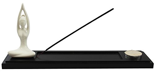 Black Wood Incense Burner Holder Tray with Yoga Mountain Pose Figurine