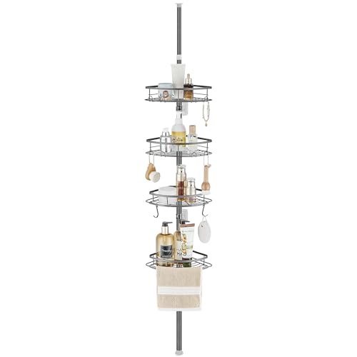 DUFU Telescopic Metal Shower Shelf with 4 Trays Adjustable Suitable for Ceilings from 85 to 325 cm Height for Organizing Bathtub or Bathroom Grey