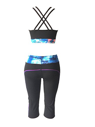 Women Gym Yoga Workout Activewear Sets Unpadded Sports Bra Top + Crop Leggings 2 Pieces Set (M/L, Blue/Pink Black Mix)