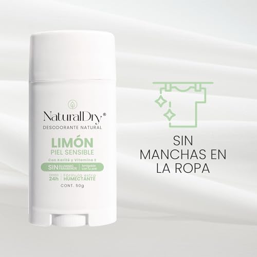 NaturalDry - Piel Sensible para toda la familia- Desodorante natural SIN Bicarbonato de Sodio - Para hombre y mujer - No obstruye los poros - Sin Aluminio - Sin Parabenos - Elimina el mal olor - Limón - Deodorant en barra (1 unidad)