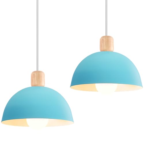 iDEGU 2 Stück Ø20cm Hängelampen Retro E27 LED Hängeleuchte Moderne Skandinavisch Deckenleuchte aus Metall Holz Pendelleuchte für Schlafzimmer Esszimme