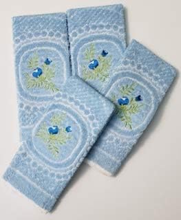 AdonisUSA Set of 4. 100% Cotton Fingertip or Hand Towels. Size 12"x 20" (Blue with Flower Embroidery)