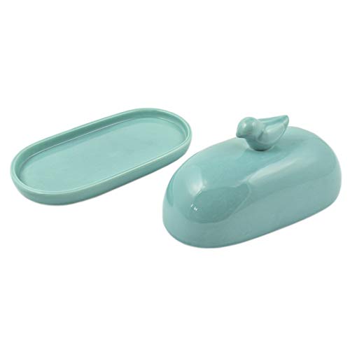 Zoie + Chloe Turquoise Aqua Blue Ceramic Butter Dish with Lid Cover - Extra Large Size