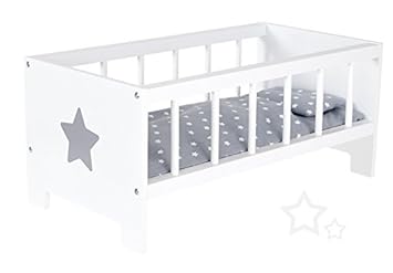 Puppenbett Sternchen aus Holz Bett Stern Holzbett Gitterbettchen (Weiß-Grau)