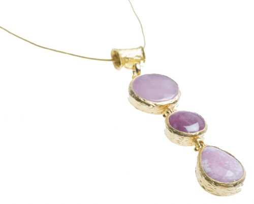 24K Yellow Gold Plated Chalcedony Natural Three Stone Pink Purple Tonal Round Pear Shape Pendant Necklace