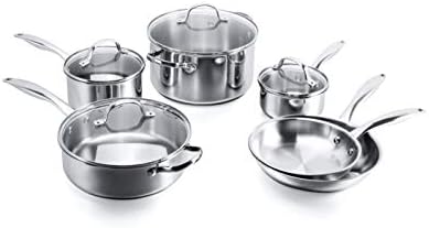 Stovetop Pro Stainless Steel 10 Piece Cookware Set – Includes: 6 Qt Stockpot, 3.5 Qt Saute, 1 Qt and 2 Qt Saucepans; all w/Lids, 8” and 10” frying pans - Dishwasher Safe, Oven Safe; Induction Cookware
