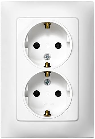 - Enchufe Doble de Empotrar Schuko, Serie Simon 10, 250V, 10 A, Enchufe de Pared Plano y Fino, Fácil de Instalar, Incluye Marco, Tapa y Mecanismo, Base de Enchufe Hembra Color Blanco