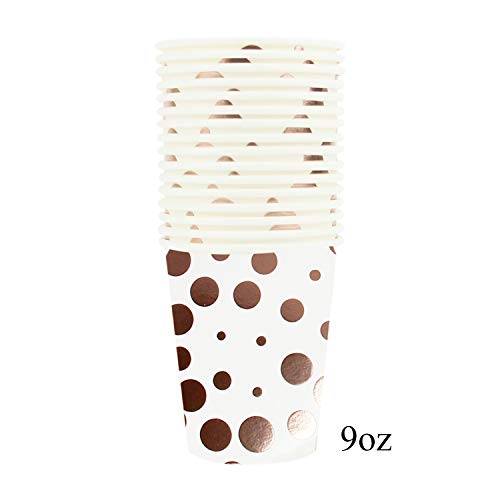 352 Piece White with Pink & Rose Gold Foil Polka Dot Party Supplies Set Including Plates, Cups, Napkins, Forks, Knives, Spoons and Tablecloths, Serves 50