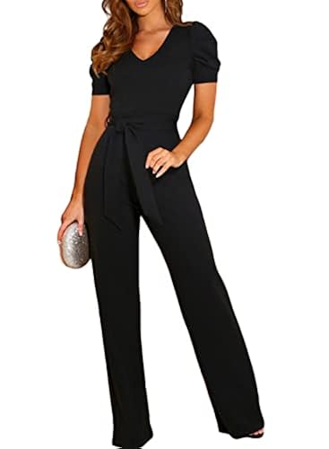 BLENCOT Black Jumpsuit V Neck Summer Short Sleeve Casual Belted