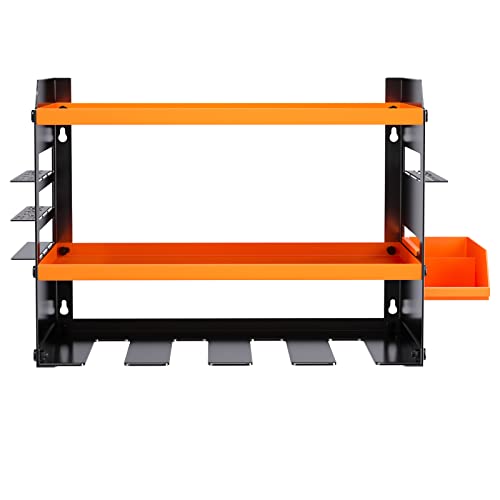 Power Tool Organizer Wall Mount - Heavy Duty Drill Holder with 4 Drill Storage Slots & 2 Large Capacity Compartments, Cordless Drill Storage Rack & Garage Drill Charging Station