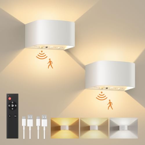 FULEN Pack of 2 Battery Wall Light with Motion Sensor, LED Indoor Wall Light, 3 Colours, 3 Modes, Up and Down Wireless Battery Wall Light with Remote Control for Bedroom, Living Room, Stairs (White)