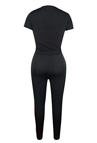 Womens Sexy Sports Outfit Set Short Sleeve Crop Shirt Bodycon Pants Joggers Clubwear Tracksuit Set Black L