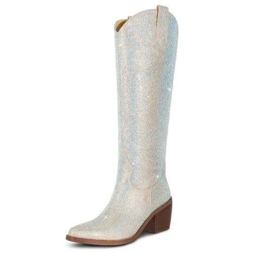 Photo 1 of (SIZE 9) Wetkiss Rhinestone Cowboy Boots for Women - Silver Western Knee High Sparkly Boots - Cowgirl Costume