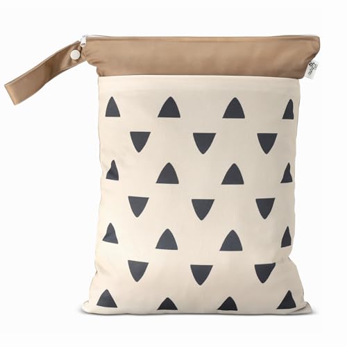 BebeBiu Cloth Diaper Wet Bags – Waterproof & Reusable Bag with 2 Zippered Pockets, 100% Polyester with Handle, Perfect for Stroller, Travel, Baby Essentials & Breast Pump Storage (Sand Triangular)