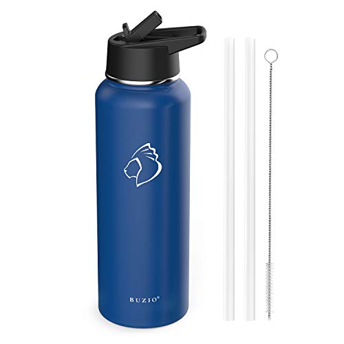 BUZIO Stainless Steel Water Bottle (Cold for 48 Hrs, Hot for 24 Hrs), 40 oz Vacuum Insulated Water Bottle with Straw Lid and Flex Cap (Double Wall, Wide Mouth, BPA Free, Leak Proof), Cobalt