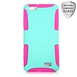 Huawei Raven LTE H892L Case With TJS® Tempered Glass Screen Protector and Stylus Pen Included, Dual Layer Rubberized Hybrid Shockproof Protective Armor Case for Huawei Raven LTE H892L (Pink/Teal)