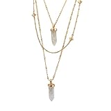 Jane Stone Fashion Tribal Triple Layers Long Necklace with Crystal Quartz Pendant Statement Trendy Boho Layered Jewelry for Women Teen Girls (Fn1443-Gold Tone)