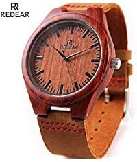 Shangdongpu Men's Wooden Watch,Red Sandalwood Watch with Leather Band Unisex and Japan Quartz Movement, Fashion