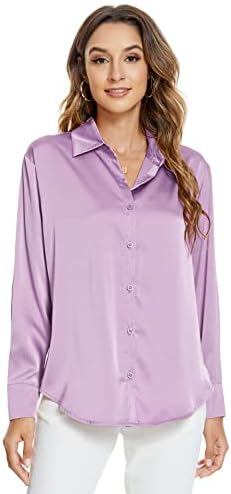 Atnlewhi Womens Long Sleeve Button Down Satin Silk Shirts Casual