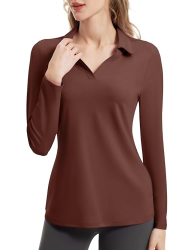 FKEEP Women's Tennis Golf Shirt Long Sleeved Top Sport Activewear V-Neck Workout Athletic (Cinnamon, S)