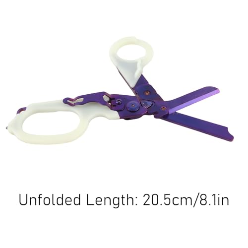 Herramientas de Tijeras de Rescate para Acampar, corte de trauma plegable con interruptor de vidrio de acero inoxidable Manija luminosa de trauma plegable para al aire libre (Púrpura)