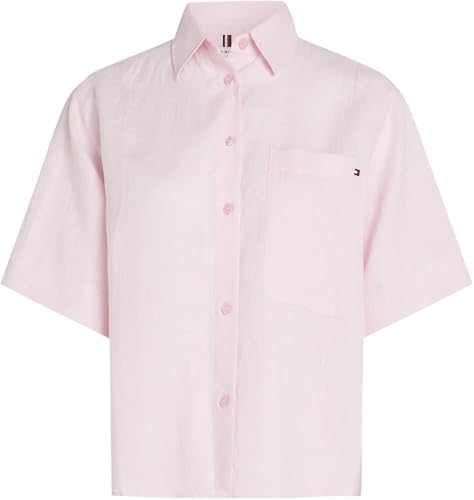 Linho Relaxado Camisa de Manga Curta Feminina, Rosa (Rosa Claro), 32