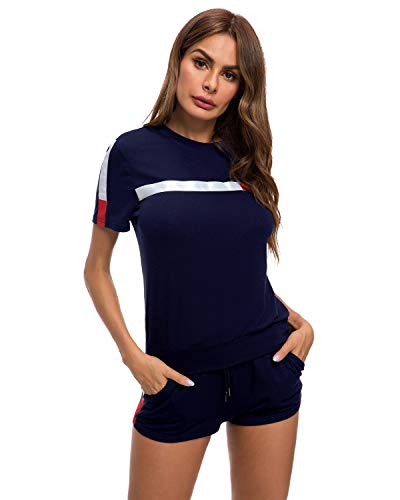 TOP-MAX Women's 2 PCS Tracksuit Round Neck Long Sleeve Top Stripe Long Pants Jumpsuit Outfits Set for Sport - Thumbnail 5