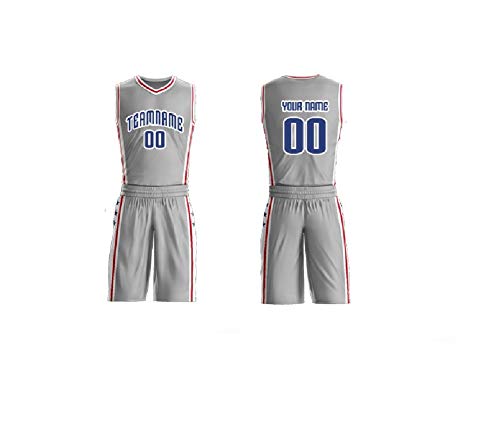 Personalized 2 Piece Set Basketball Jersey Sportswear Team Uniforms. Custom Name/Number on Front & Back(V Neck) (Gray) - Thumbnail 3