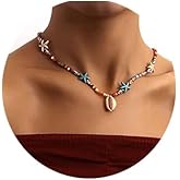 Chennie Boho Cowrie Seashell Necklaces Silver Rainbow Beaded Choker Necklace Short Handmade Adjustable Starfish Chain Beach Pendant Jewelry for Women