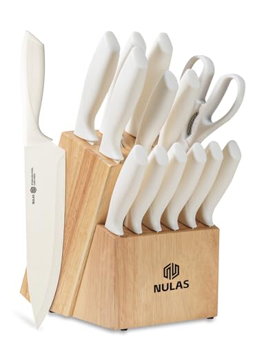 NULAS 15-Piece Kitchen Knife Block Set with Built-in Sharpener, Upgraded Non-Stick Coating Blades, Ergonomic Handles, Dishwasher Safe, Cream