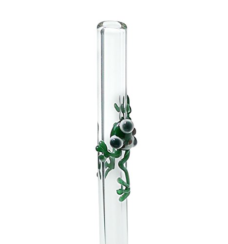 Hummingbird Glass Straws 8 in x 9.5 mm Green Frog Classic Comfort Size Straw With Cleaning Brush