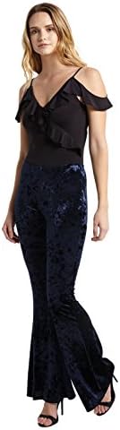 Poshsquare Women's Velvet Bell Bottom High Waist Flared Stretch Palazzo Pants USA Crushed Navy L