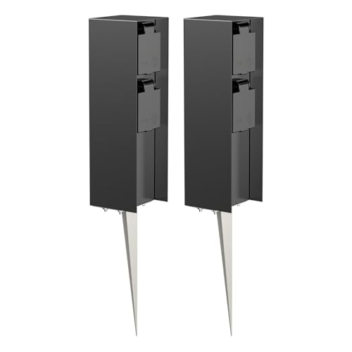 ledscom.de 2X Garten-Steckdosen-Säule POMI mit Erdspieß für außen, IP44, 2-Fach, schwarz, eckig, 23cm