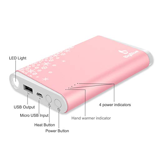 BigBlue 10000mAh Rechargeable Charger with Emergency Light, Portable Reusable with Double-Side Heat for Winter Sports, Ski, Hiking, Camping, Gift-Giving, Rose Gold