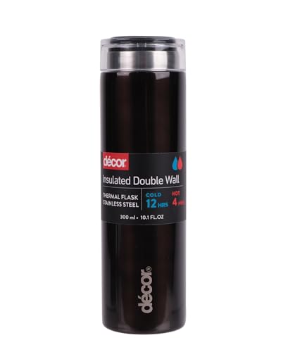 Decor Double Wall Stainless Steel Travel Mug - Keeps 4 Hours Hot - 12 Hours Cold - Car Cup Holder Compatible - Removable Screw Top Lid - 300ml Black