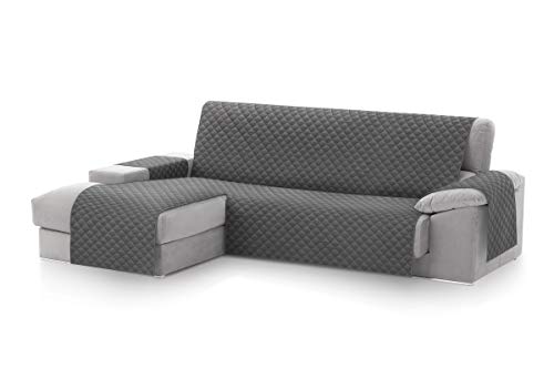 Textilhome Copridivano Chaise Longue con Penisola Malu 240cm – Salvadivano Trapuntato Universale con Bracciolo Sinistro, Protezione per Animali Domestici, Colore Grey (Visto da Davanti)
