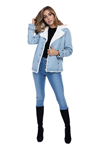 Nicasia Women\'s Winter Denim Jacket Sherpa Trucker White Faux Fur Collar Fleece Lined Long Sleeve Buttons Thicken Coat Blue (Blue, M)