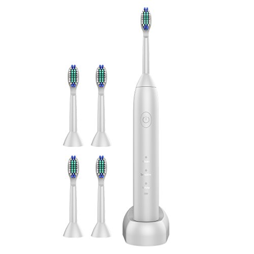 Electric Toothbrush, Wewdigi Sonic Electric Toothbrush with 5 Replacement Heads, Rechargeable and IPX7 Waterproof Toothbrush (White)