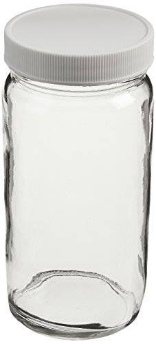 JG Finneran 9-191-2 Clear Borosilicate Glass Precleaned Tall Straight Sided Wide Mouth Jar with White Polypropylene Closure and 0.015" PTFE Lined, 58-400mm Cap Size, 250mL Capacity (Pack of 12)