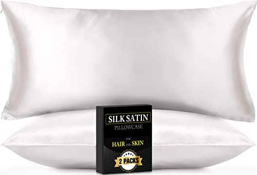 2 PACK SILK SATIN PILLOWCASE FOR HAIR AND SKIN KING SIZE, SOFTER COOLING SILK PILLOW CASE 2 PACKS WITH HIDDEN ZIPPER, SMOOTH SATIN PILLOW CASE COVER, IVORY WHITE 20X36 INCHES