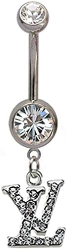 Stainless Steel Belly Button Ring LV with CZ Crystals - Packed in a Lovely Gift Box