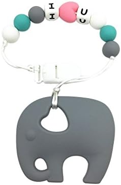 2017 Silicone Teething Pacifier Clip With Large Elephant Teether Silicone Loose Beads Necklace,Baby and Mommy Beads Silicone Teething BPA Free For Teething Baby (Gray)