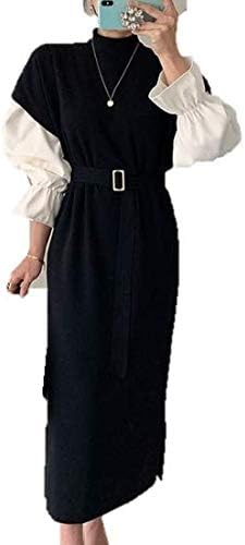 Amazon ワンピース ワンピ レディース 大きいサイズ おしゃれ マキシ丈 ロング丈 ハイネック 長袖 レイヤード ニットワンピース ベルト付き 春 春 春色 春服 春 ゆったり ワンピース ワンピ ブラック ワンサイズ ワンピース チュニック 通販