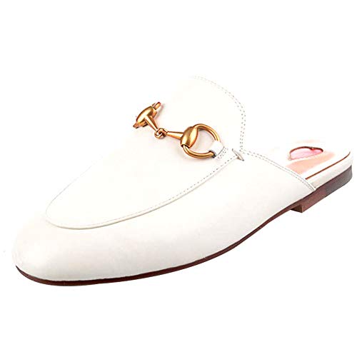 GEEDIAR Leather Mules Women Shoes Mules Flats Shoes and Slides Backless Loafer Slip-on Slippers with Embroidery and Buckle White Size 8.5 - Thumbnail 3