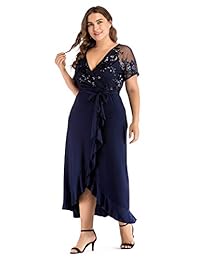 YISIBIA vestido largo casual con volantes irregulares y cintura imperial con cinturón de encaje, manga corta, talla grande, para mujer