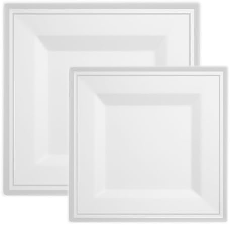 Posh Party Supplies | Elegant Square White with Silver Rim Plastic Plate Combo for 20 Settings | 20 10.25" Dinner Plates| 20 7.25" Salad Plates | 40 Piece Set